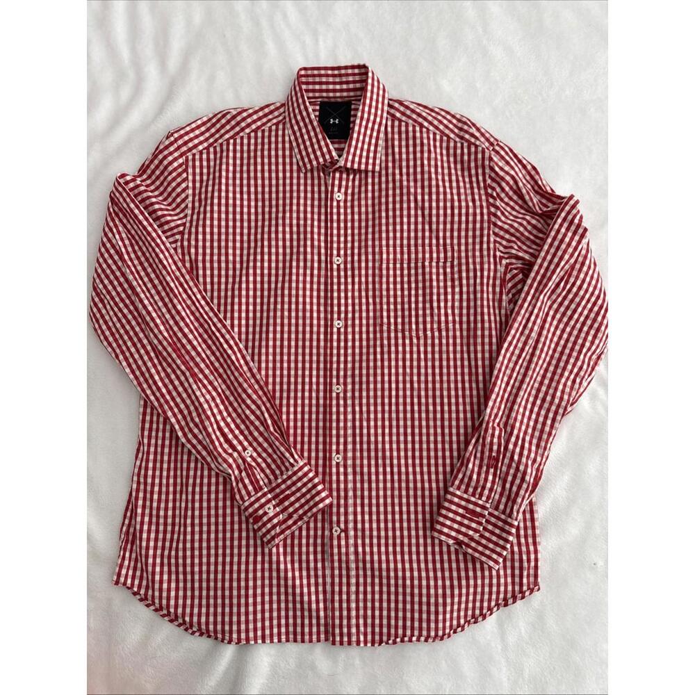 UNDER ARMOUR UA MADE IN ITALY Men's Button Up LS Shirt Large L Red White Gingham